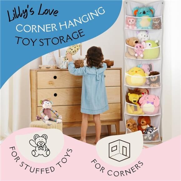 Corner Stuffed Animal Toy Storage Hanging Organizer | 5 Expandable Mesh Net - Picture 2 of 8